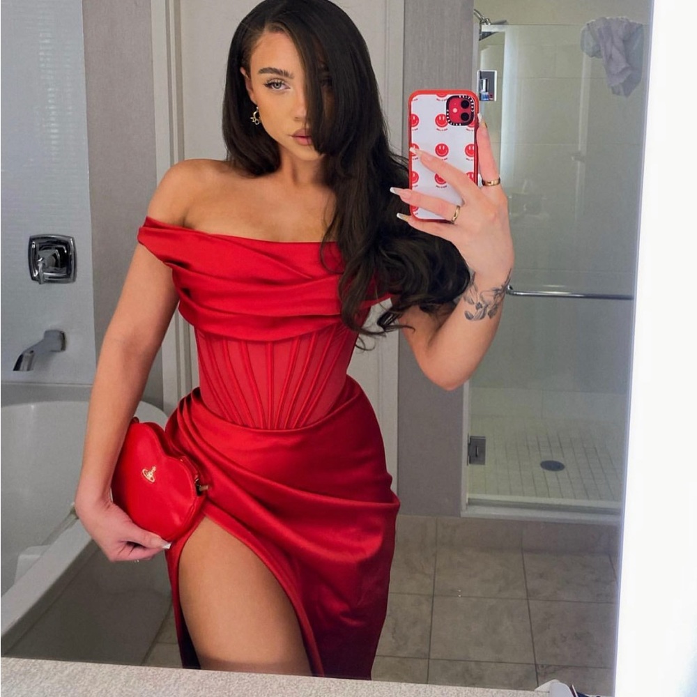 House of CB “Lulu” Red Asymmetric Drape Midi Corset Dress NWOT